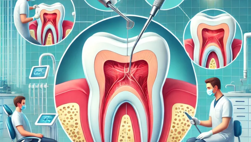 den Ablauf einer Wurzelkanalbehandlung. Das Bild zeigt einen Zahnarzt bei der Durchführung der Behandlung, während er den Zahn mit präzisen Instrumenten öffnet und die Wurzelkanäle reinigt und desinfiziert